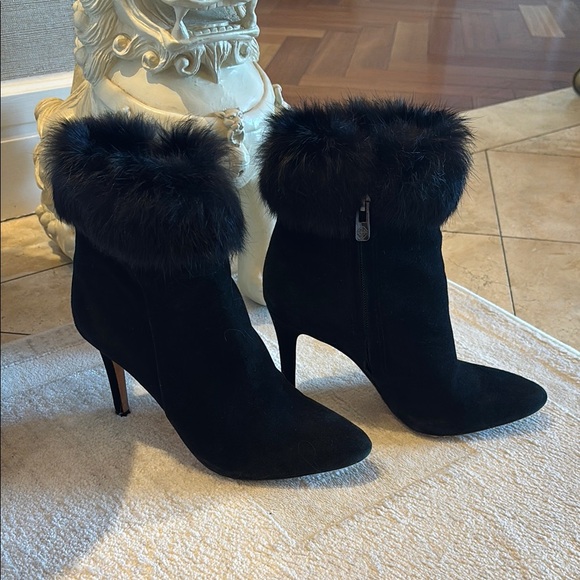 Black Heeled Boots with Fur Trim and Stiletto Heel sz 36 - Picture 1 of 6